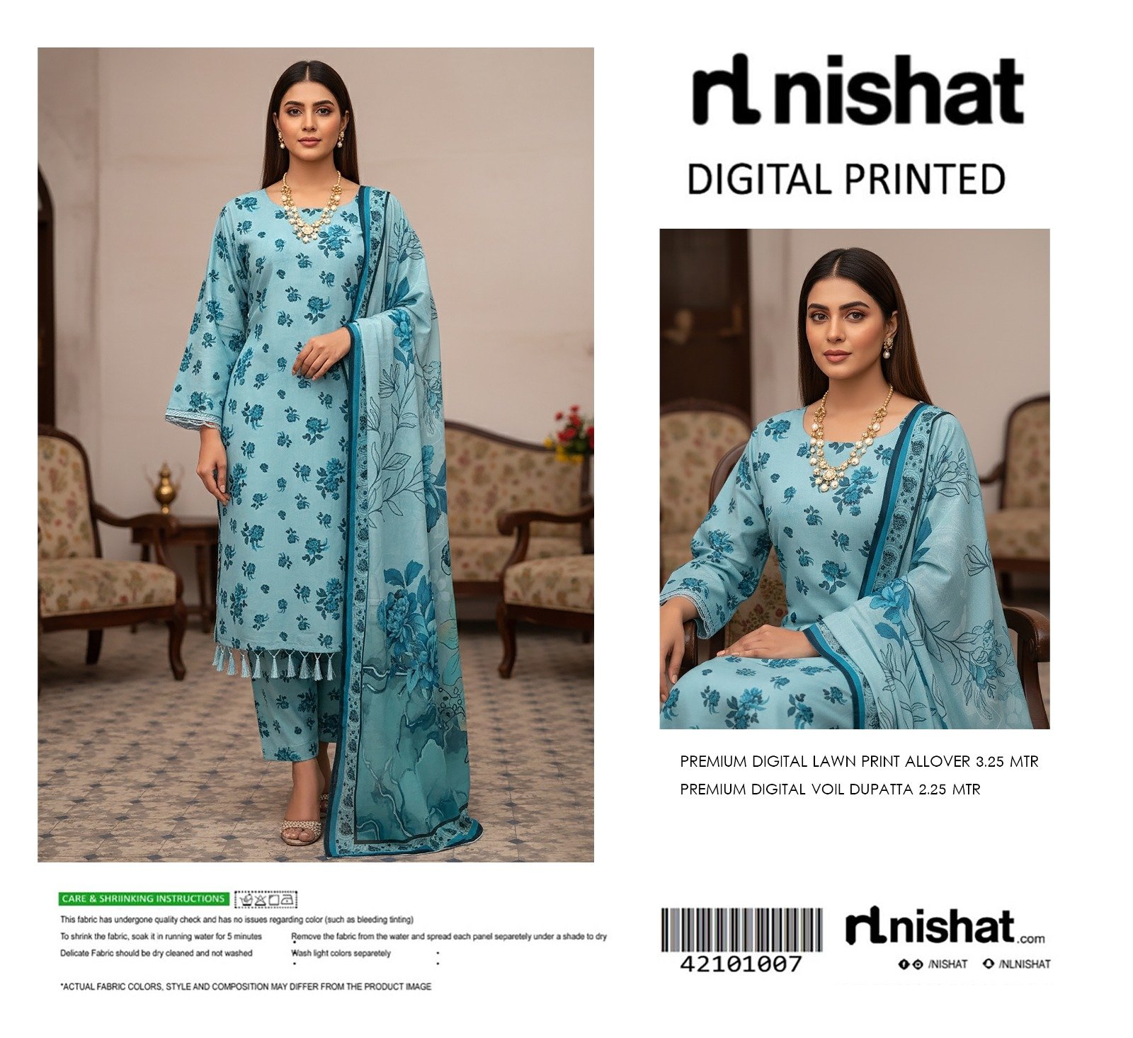 w-suite-1 Teal Blue Premium Digital Printed Lawn 3-Piece Suit - Image 1